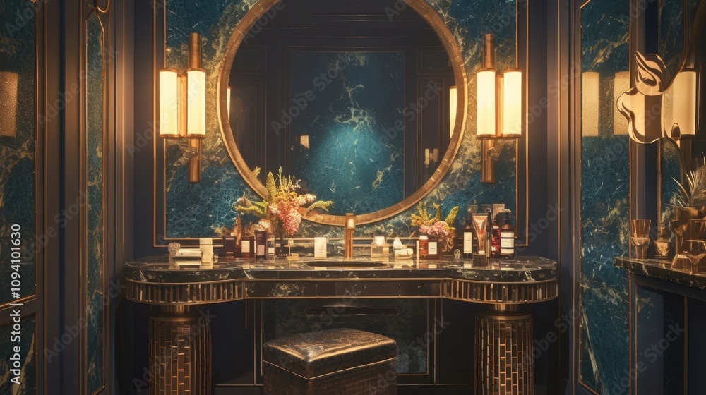 Poster a vanity table adorned with vibrant mosaic mirrors adding a touch of glamour to the space.