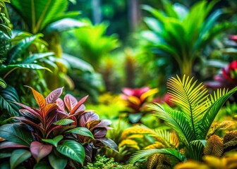 Obraz premium Vibrant Tropical Colorful Leaves Wallpaper with Tilt-Shift Photography Effect Showcasing Lush Greenery and Exotic Plant Life for Nature Lovers and Home Decor Enthusiasts