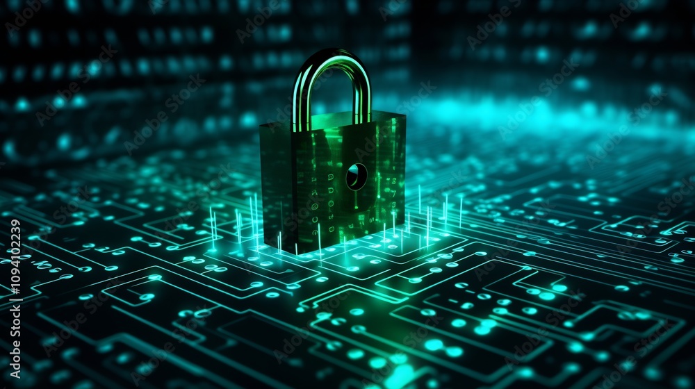 Poster digital cybersecurity lock design representing data protection and privacy