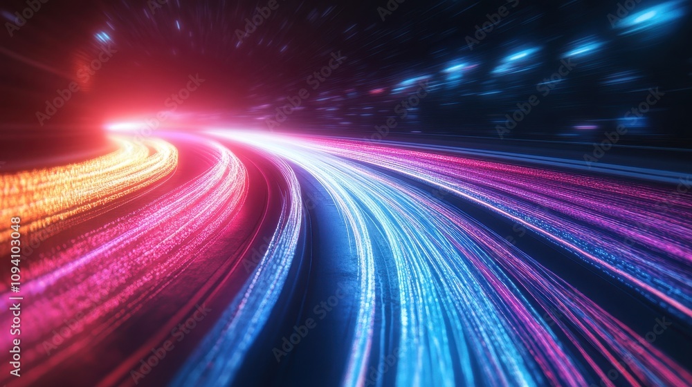 Poster a dynamic blur of colorful light trails, suggesting speed and motion in a futuristic setting.