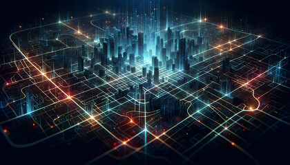 Obraz premium abstract A glowing, holographic city map with streets represented as thin, glowing lines that pulse and chan3