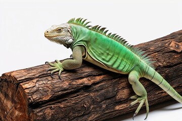 Obraz premium Iguana Relaxing on Log with White Background