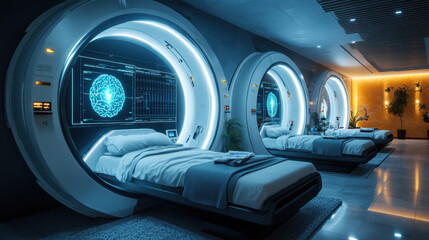 High tech sleep laboratory with futuristic monitors and circular beds, showcasing advanced technology for sleep studies and brain activity analysis