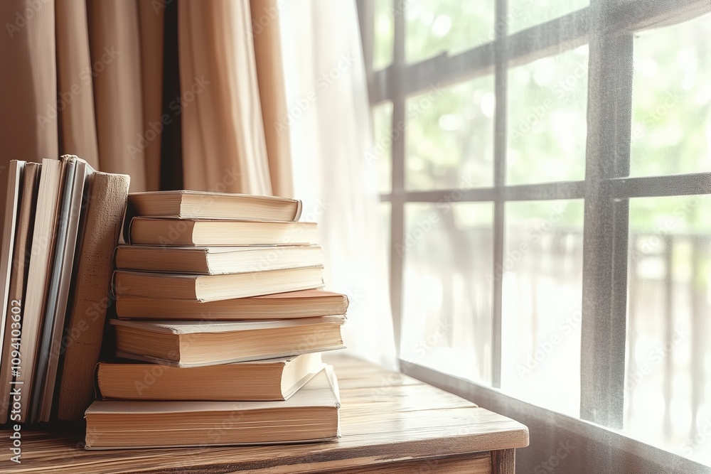 Poster a stack of books resting on a windowsill, bathed in soft sunlight. - generative ai