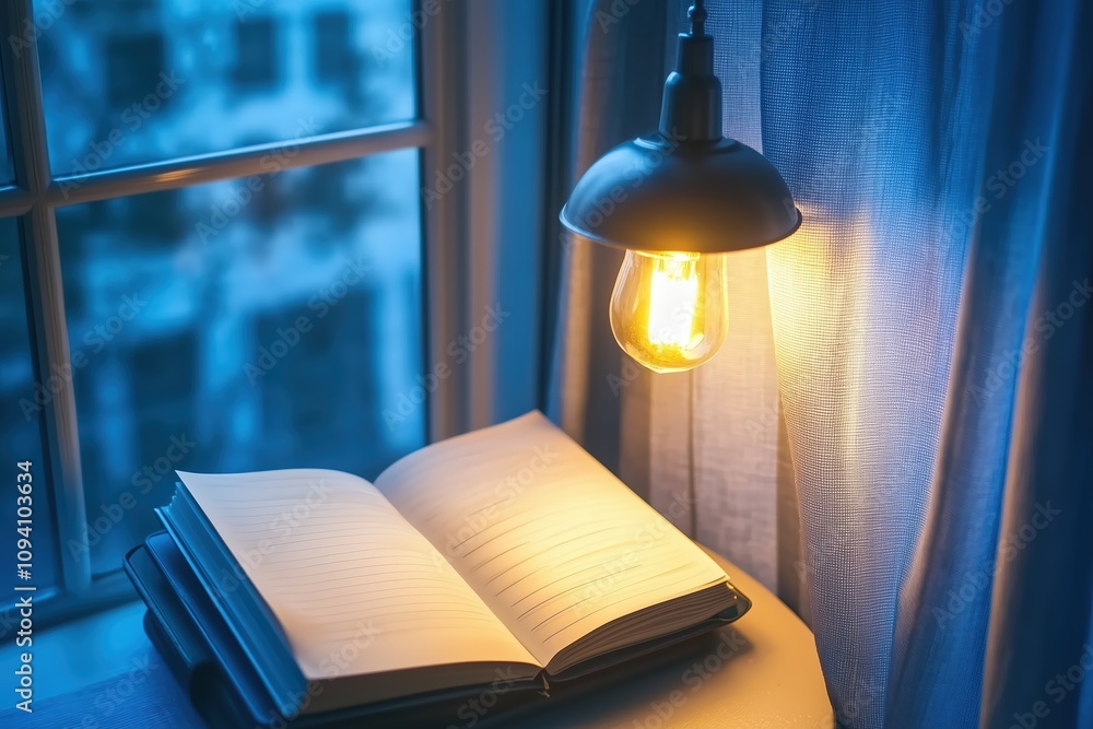 Poster an open book illuminated by a hanging light bulb, creating a cozy reading atmosphere. - generative a