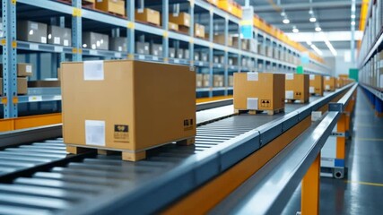 A focused view of conveyor belt transporting cardboard boxes in a warehouse, illustrating efficient logistics and storage management.