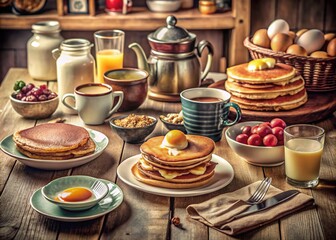 Vintage American Breakfast Scene with Classic Dishes and Retro Tableware Captured in Soft Lighting and Warm Tones Evoking Nostalgia and Comfort Food Feelings