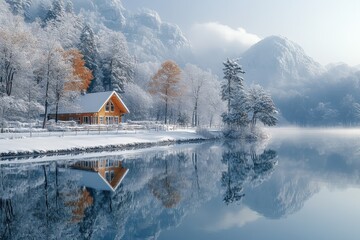 Beautiful lake surrounded by a snow-covered forest under a soft winter sky