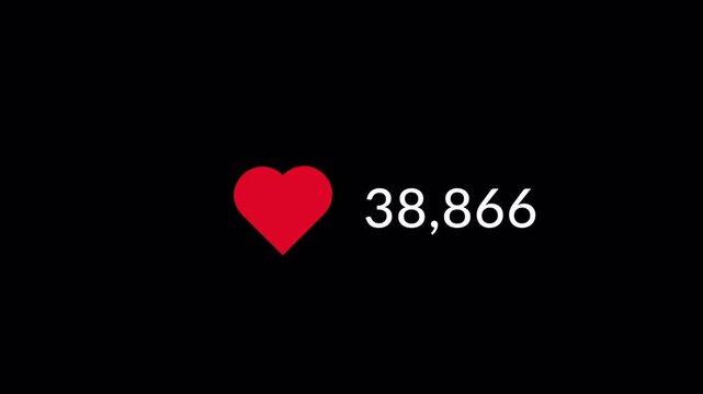 social media heart like animation on black background, animated increase the numbers of likes 0 to 100000. 