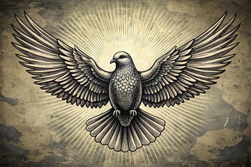Vintage Black and White Woodcut Style Illustration of a Flying Dove Captured from Above with Drone Photography, Emphasizing the Grace and Freedom of Nature in an Artistic Design