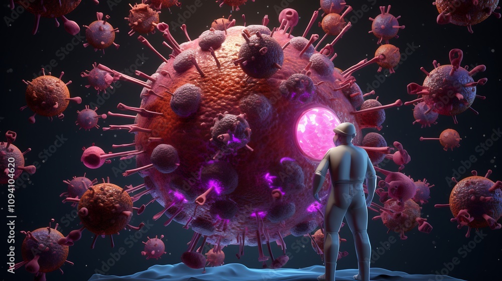 Aufkleber animated 3d character discussing immunity with microscopic cells