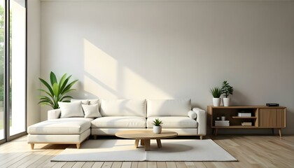 A modern living room with a large white sofa, a wooden coffee table, and potted plants on a shelf. 