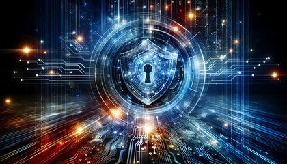 Obraz premium IT background conceptual design of an online security shield made of light beams and computer circuitry, with a2