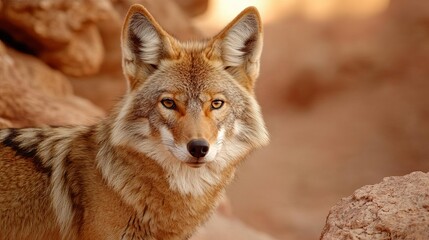 Fototapeta premium coyotes habitat concept. A close-up of a coyote with striking fur and attentive eyes, set against a rocky background.