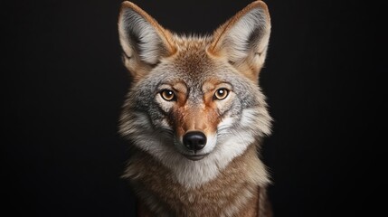 Fototapeta premium coyotes habitat concept. A close-up portrait of a coyote, showcasing its piercing eyes and detailed fur against a dark background.