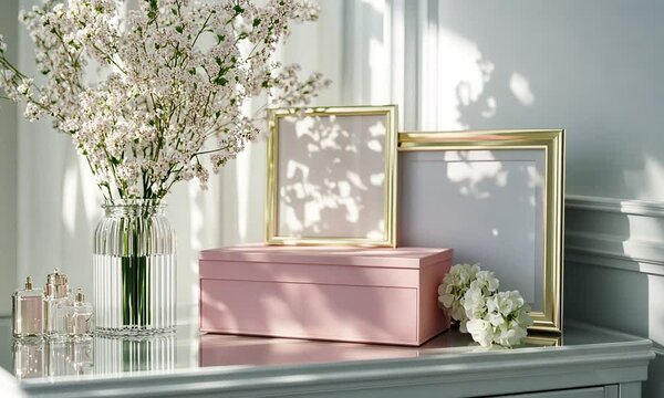 Elegant Still Life with Pink Box, Flowers, and Gold Frames