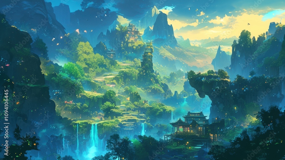 Poster a mountainous landscape where the forests and streams seem to glow and pulsate with an otherworldly 