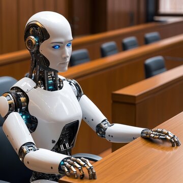 Futuristic Robot Judge in a Modern Courtroom Setting Showcasing Advanced Technology and Artificial Intelligence in Judicial Proceedings