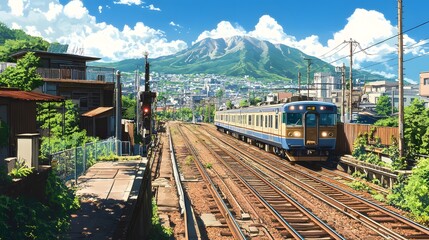 Colorful train arriving near picturesque mountains and lush greenery.