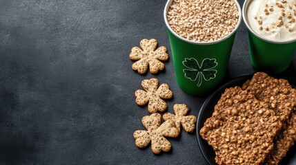 A St. Patrick's Day table set with green cups, cookies, and festive tops captures the spirit of celebration with Irish flair and clover motifs.