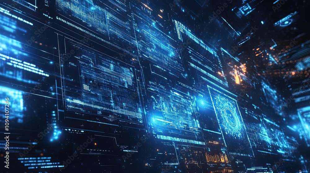 Poster abstract futuristic digital interface with blue glowing lines and data