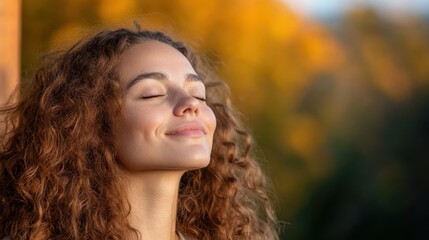 Naklejka premium A serene woman enjoys gentle sunlight, her closed eyes and tranquil smile reflecting peace and the warmth of a golden afternoon glow.