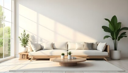 Fototapeta premium A modern living room with a white sofa, wooden side table, and a floor lamp against a plain white wall.