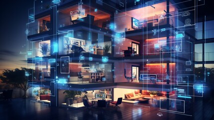 Obraz premium Connected Office Building with IoT Devices Optimizing Urban Automation and Digital Transformation