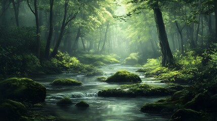 Fototapeta premium Serene forest landscape with a tranquil stream flowing through lush greenery.