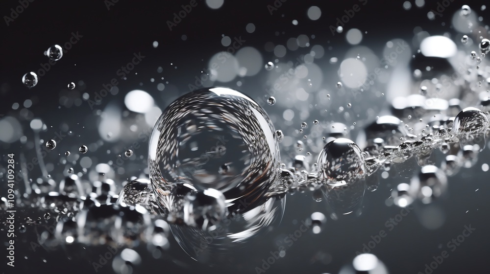 Poster captivating droplets bouncing on a smooth reflective surface in black and white