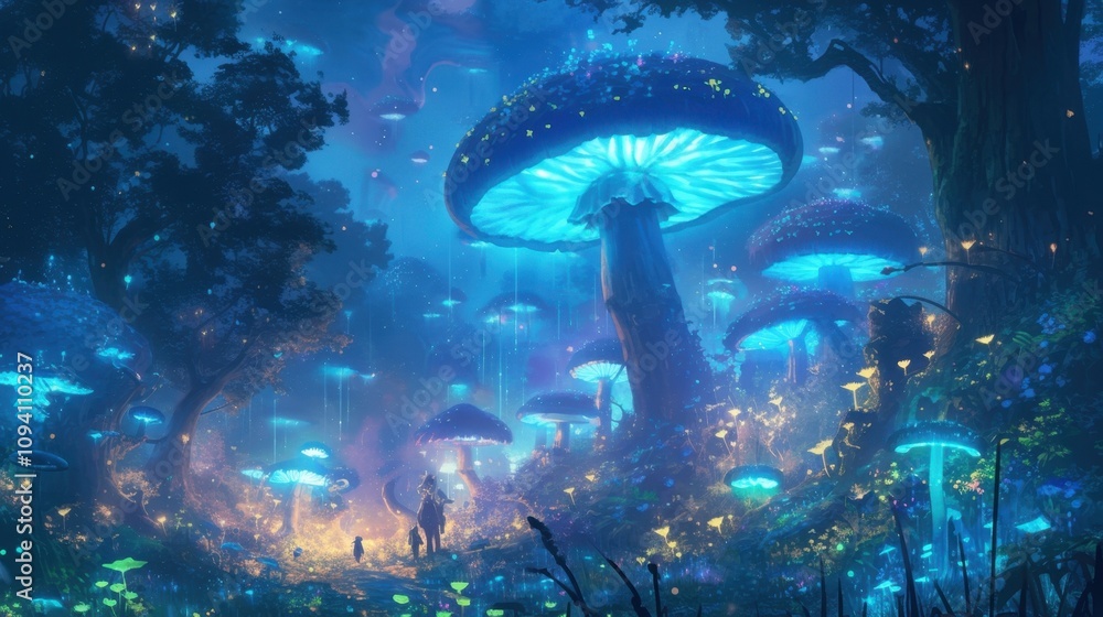 Poster the forest floor is covered with patches of luminescent mushrooms providing a whimsical pathway for 
