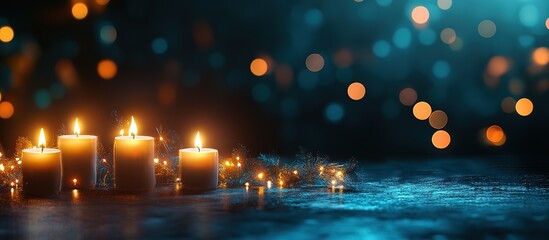 Four burning candles with garland on dark background.