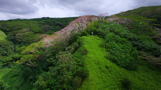 Papeno'o church White cross Jesus Christ Catholic Christian religion Tiarei Papeete Teahupoo Tahiti dormant volcano mountainside French Polynesia aerial drone lush dense jungle forest forward pan up