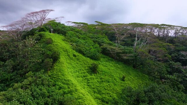 Tahiti Papeno'o sunny mountainside white cross Jesus Christ Catholic Christian religion French Polynesia aerial drone Tiarei church Papeete Teahupoo lush dense jungle forest circle right motion