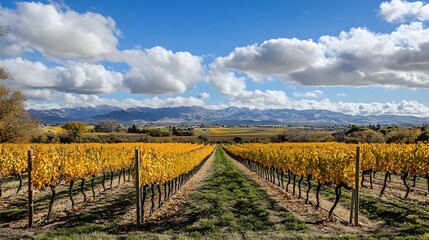 Fototapeta premium Scenic vineyard landscape with golden grapevines under a blue sky.