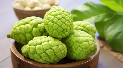 Fototapeta premium Freshly Harvested Noni Fruit with Bumpy Light Green Skin and Natural Texture