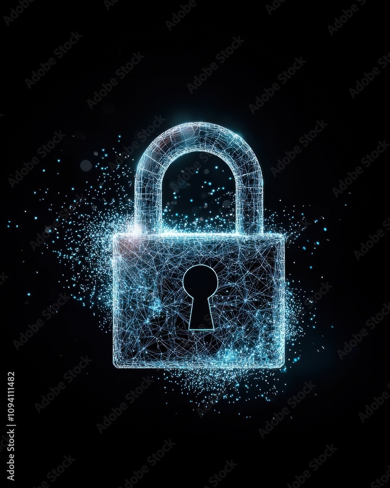 Poster a glowing digital padlock surrounded by sparkling particles set against a dark background, symbolizi