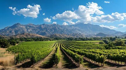 Obraz premium Vibrant vineyard landscape with lush green rows and majestic mountain backdrop.