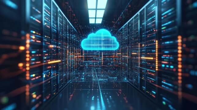 A business migrating its IT infrastructure to a hybrid cloud system, with real-time data transfer, network scaling, and system monitoring visualized digitally