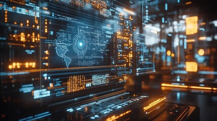 A business undergoing digital transformation where AI-powered systems automate processes, with holographic displays showing real-time data integration and workflow optimization