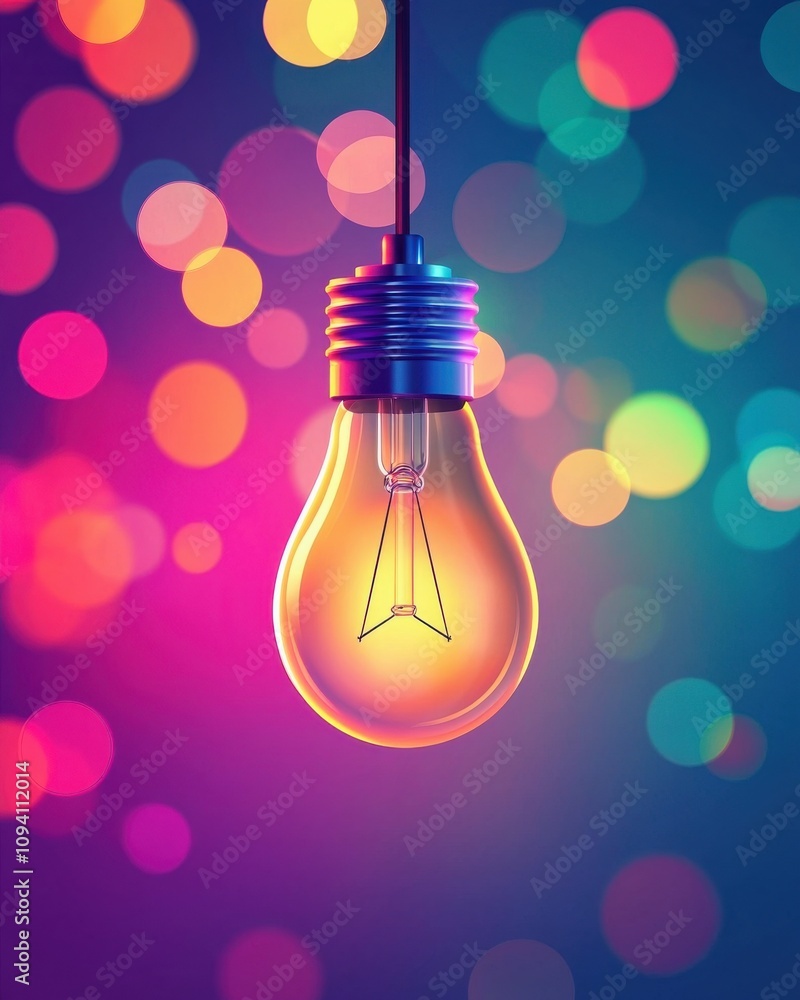 Poster a glowing light bulb hangs against a colorful, bokeh background, creating a vibrant and artistic atm