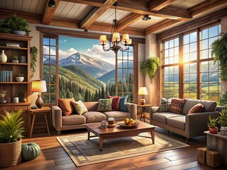 Fototapeta premium Vintage Style Living Room Mockup in the Mountains with Anime Aesthetic, Cozy Decor, and Beautiful Scenic Views for Design Inspiration and Interior Decor Projects