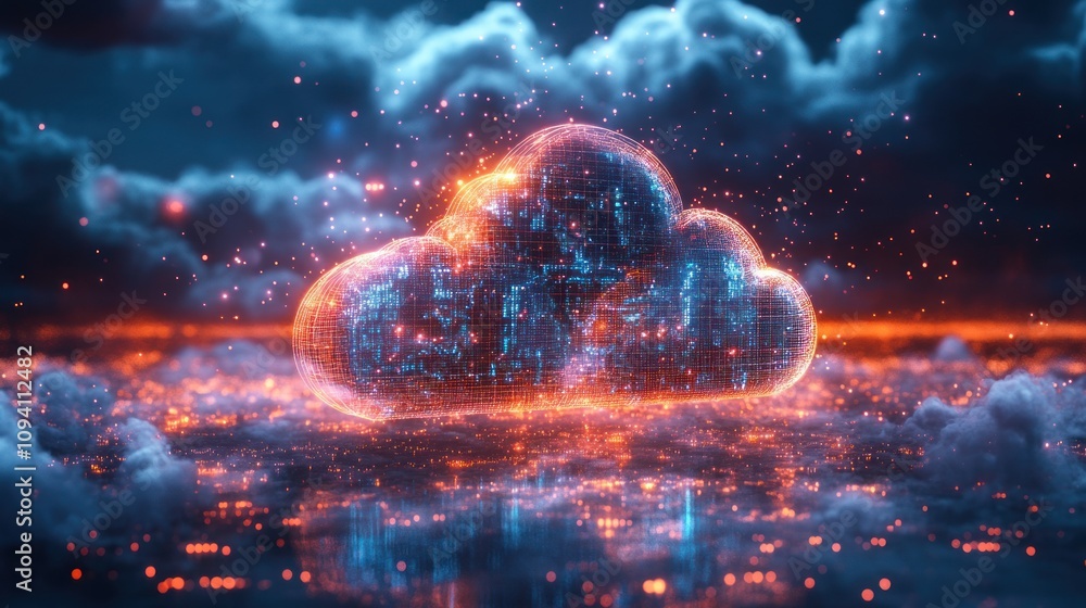 Poster a financial services firm using cloud solutions to manage big data and analytics, with holographic i