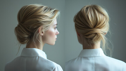 Elegant blonde woman with sophisticated updo hairstyle, viewed from side and back, wearing white blouse. hairstyle transitions from casual to formal, showcasing versatility