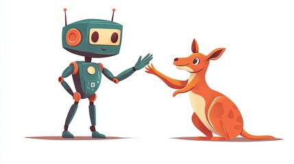 Fototapeta premium A Friendly Robot and Kangaroo Greeting Each Other