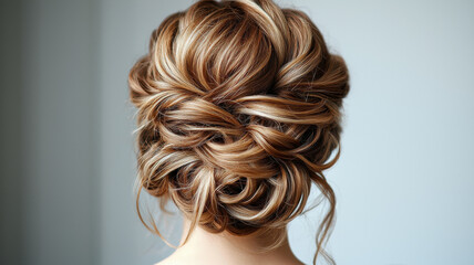 Elegant updo with voluminous curls styled into romantic, intricate design, showcasing blend of soft brown and blonde highlights. Perfect for formal occasions