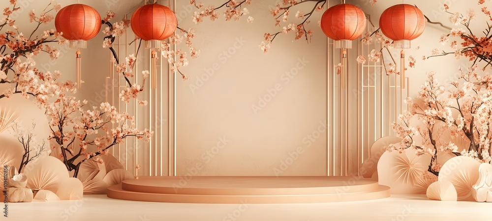 Aufkleber a chinese new year podium adorned with golden lanterns and floral patterns, with a muted backdrop th