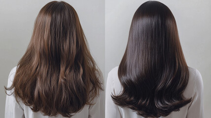 dual shot image showing woman hair transformation before and after blow dry. left side displays wavy, unstyled hair, while right side reveals smooth, shiny, and styled hair
