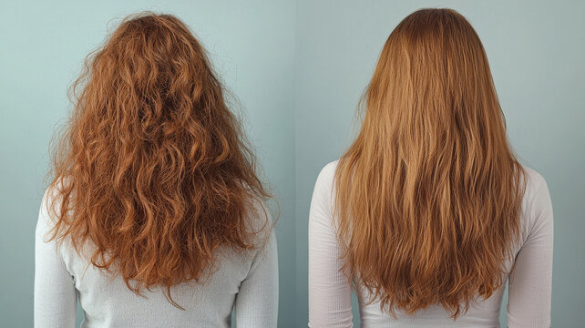 dual shot image showing woman hair transformation from frizzy and curly to smooth and straight after blow dry, highlighting effectiveness of hair styling