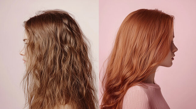 dual shot image showing woman hair transformation from frizzy to smooth after blow dry, highlighting contrast in texture and style
